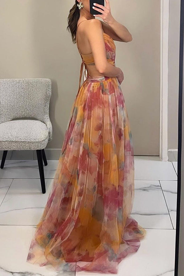 Femme Robe de Soirée Longue à Fines Bretelles et Décolleté en V Ligne A Imprimé Fleuri