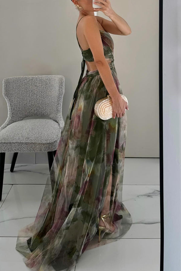 Femme Robe de Soirée Longue à Fines Bretelles et Décolleté en V Ligne A Imprimé Fleuri