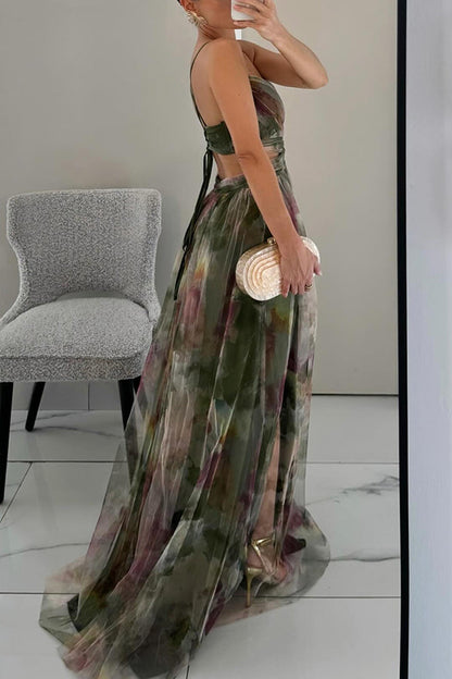 Women's Long Evening Dress with Thin Straps and V-Neck A-Line Floral Print - 13