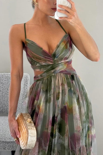 Women's Long Evening Dress with Thin Straps and V-Neck A-Line Floral Print - 14