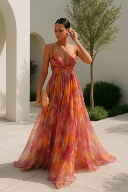 Women's Long Evening Dress with Thin Straps and V-Neck A-Line Floral Print - 2