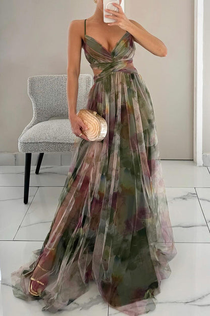 Women's Long Evening Dress with Thin Straps and V-Neck A-Line Floral Print - 3