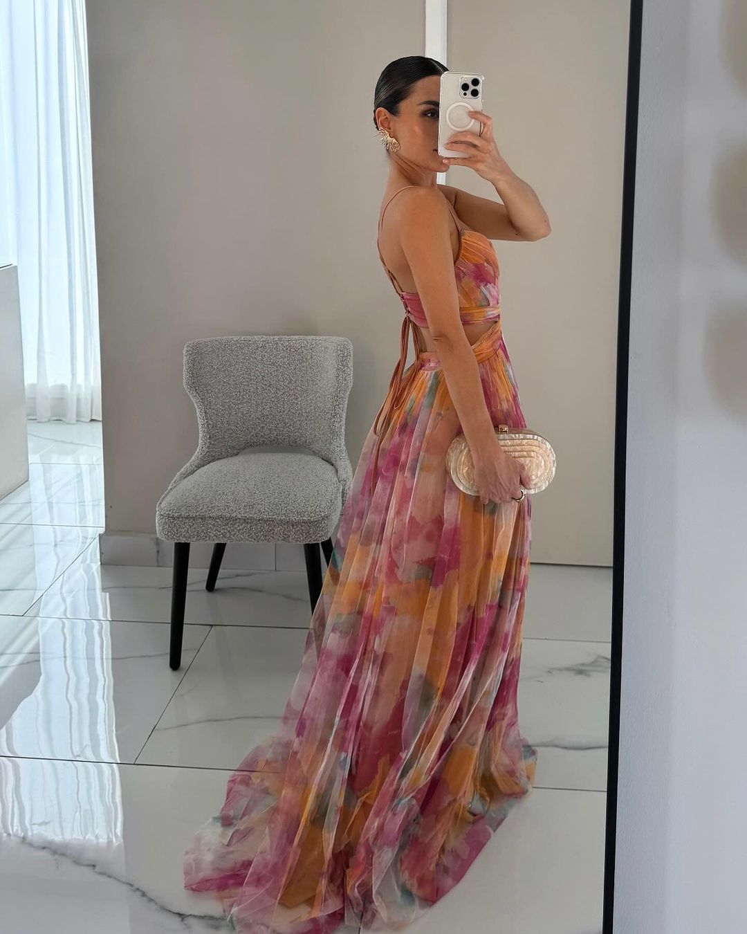 Femme Robe de Soirée Longue à Fines Bretelles et Décolleté en V Ligne A Imprimé Fleuri