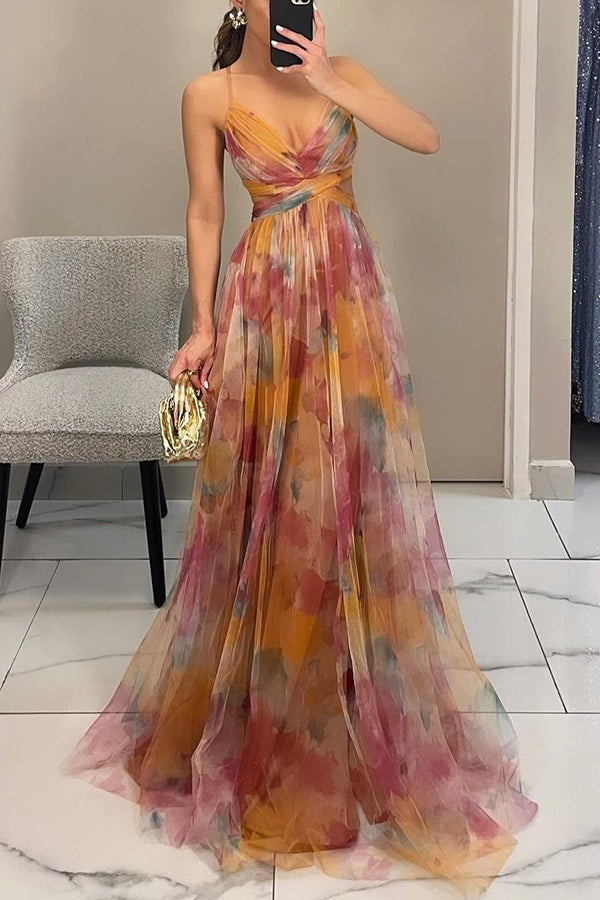 Femme Robe de Soirée Longue à Fines Bretelles et Décolleté en V Ligne A Imprimé Fleuri