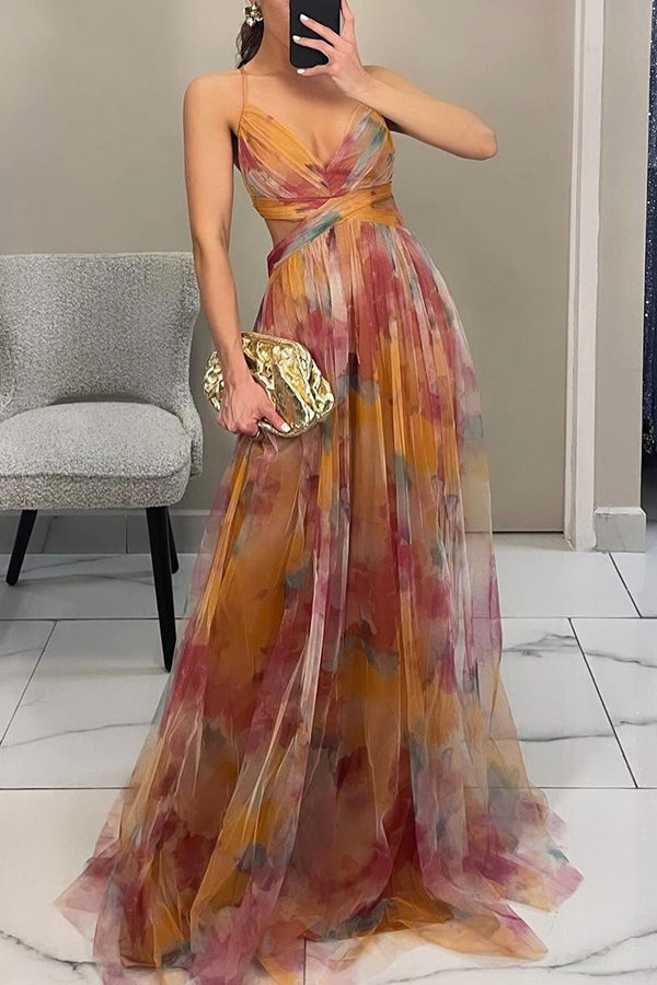 Femme Robe de Soirée Longue à Fines Bretelles et Décolleté en V Ligne A Imprimé Fleuri