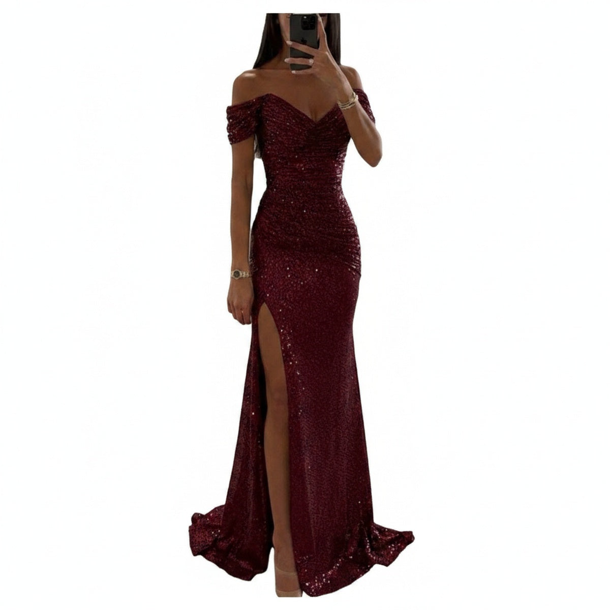 Femme Robe de Soirée Longue à Sequins Épaules Dénudées avec Fente