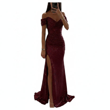 Women’s Long Evening Dress with Sequins, Off-Shoulder and Slit - 1