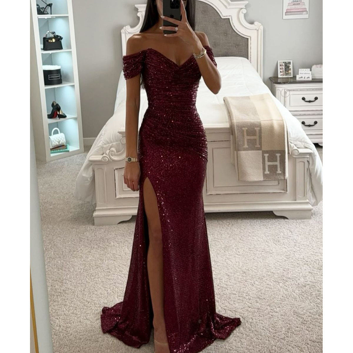 Femme Robe de Soirée Longue à Sequins Épaules Dénudées avec Fente