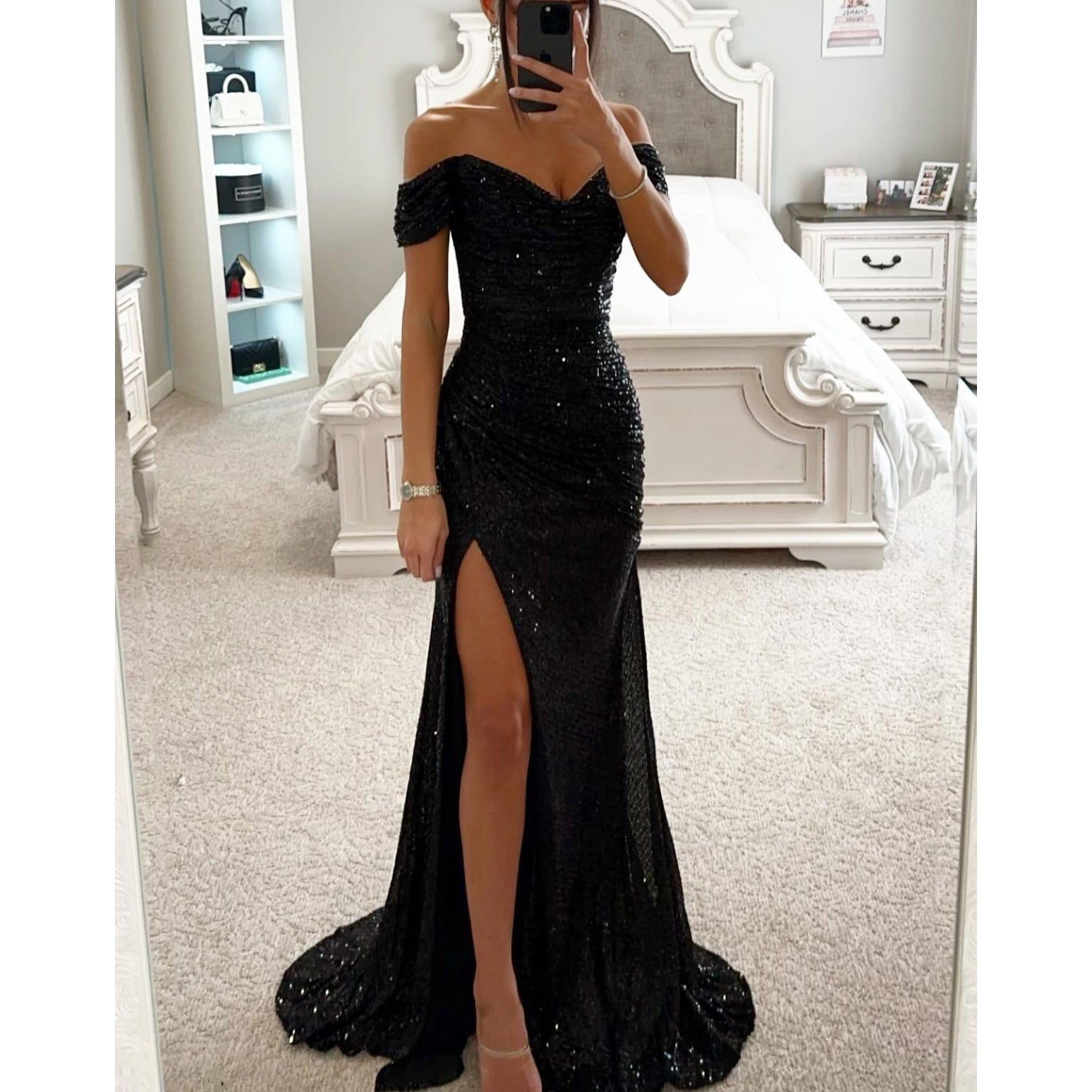 Women’s Long Evening Dress with Sequins, Off-Shoulder and Slit - 11