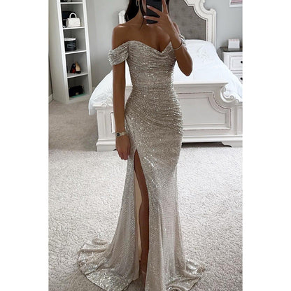 Women’s Long Evening Dress with Sequins, Off-Shoulder and Slit - 12