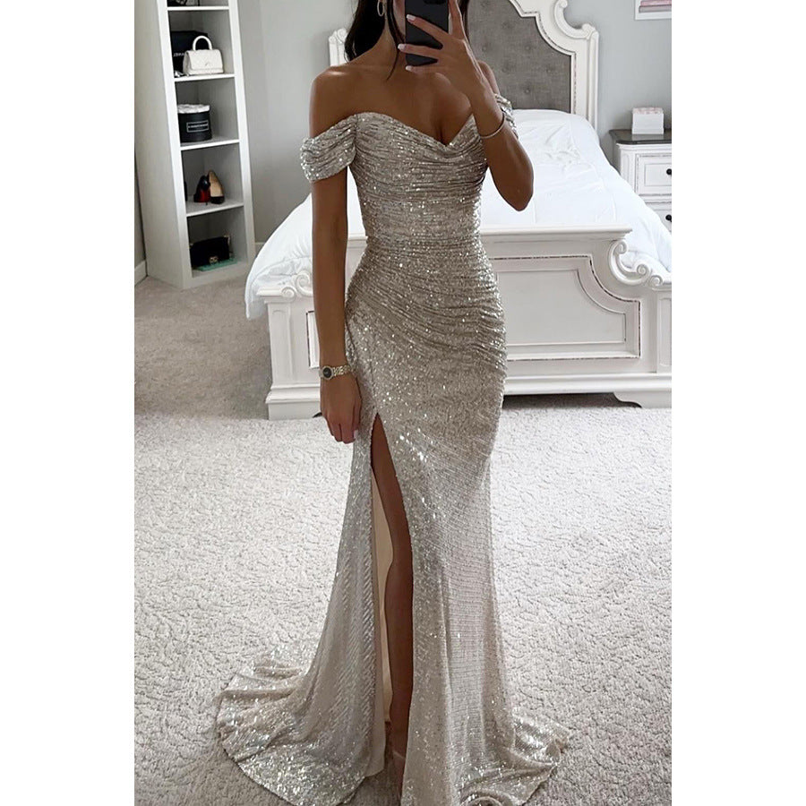Femme Robe de Soirée Longue à Sequins Épaules Dénudées avec Fente
