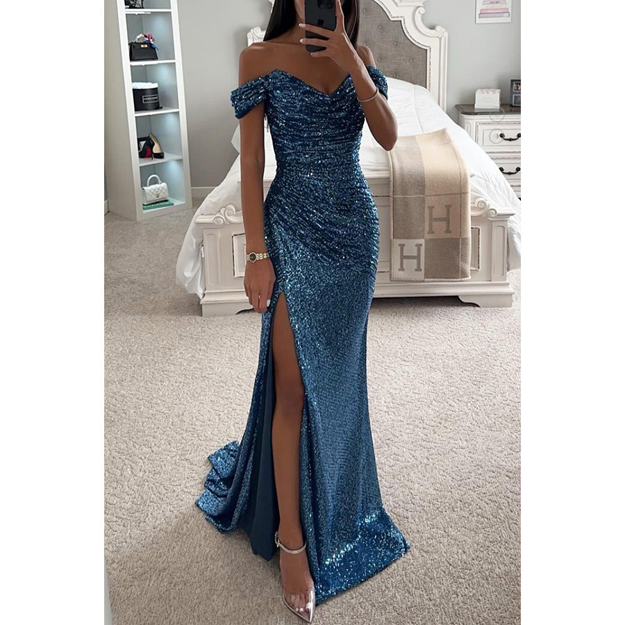 Femme Robe de Soirée Longue à Sequins Épaules Dénudées avec Fente
