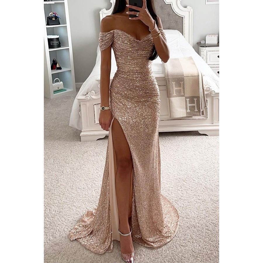 Femme Robe de Soirée Longue à Sequins Épaules Dénudées avec Fente