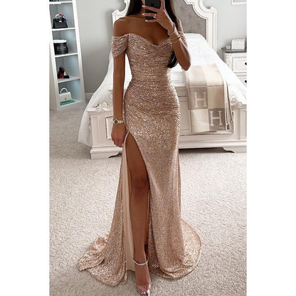 Women’s Long Evening Dress with Sequins, Off-Shoulder and Slit - 8
