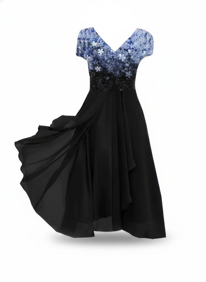 Women's Midi Evening Dress with V-Neck, Floral Print, and Flared Skirt - 1