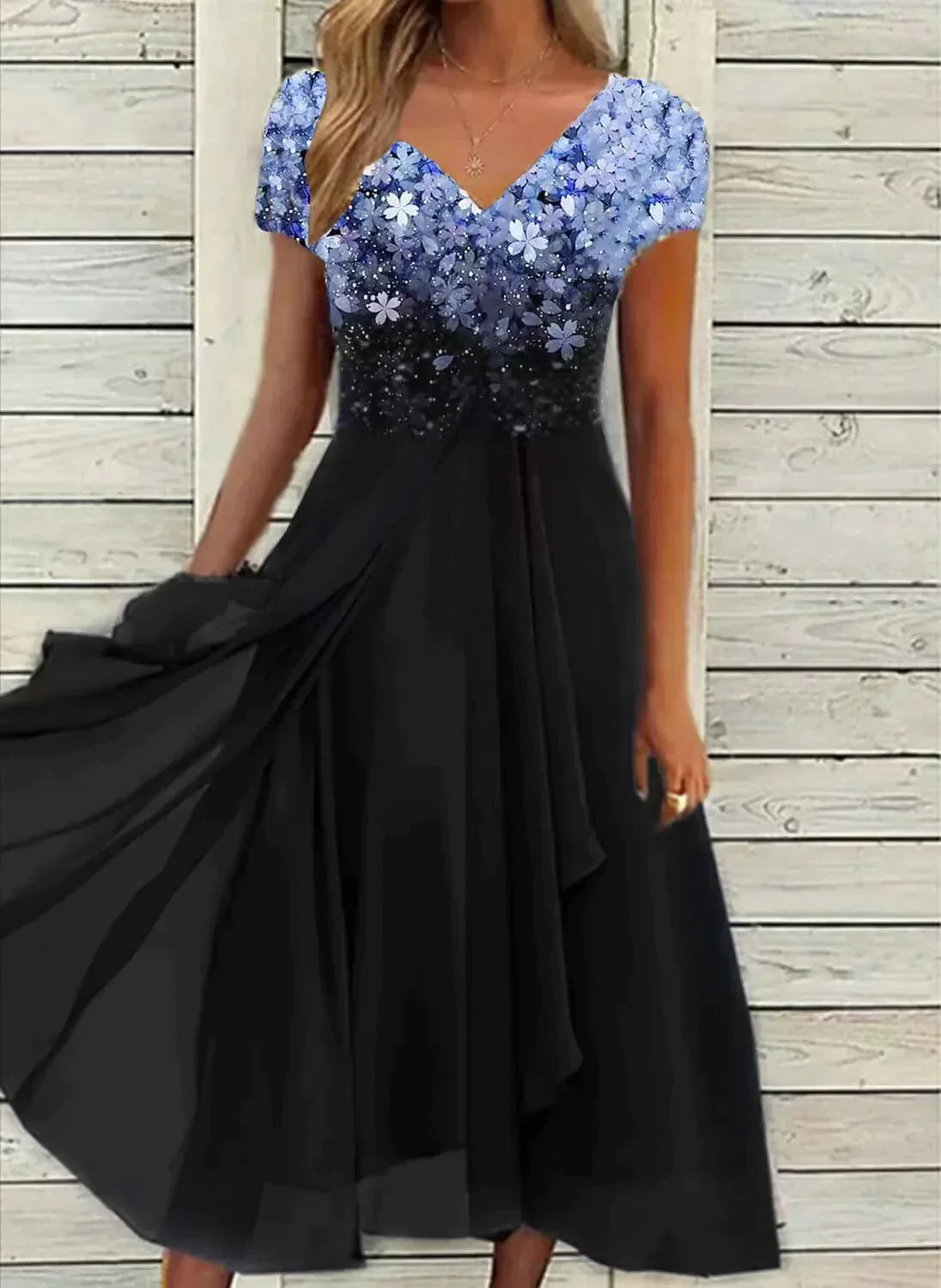 Femme Robe de Soirée Midi à Col en V avec Imprimé Floral et Jupe Évasée