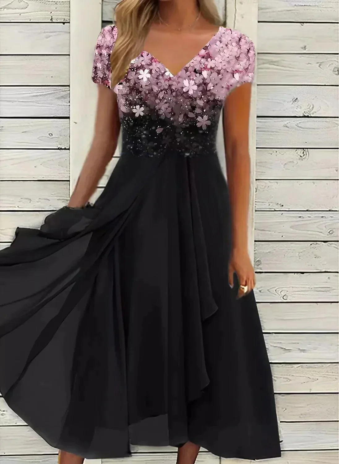 Femme Robe de Soirée Midi à Col en V avec Imprimé Floral et Jupe Évasée