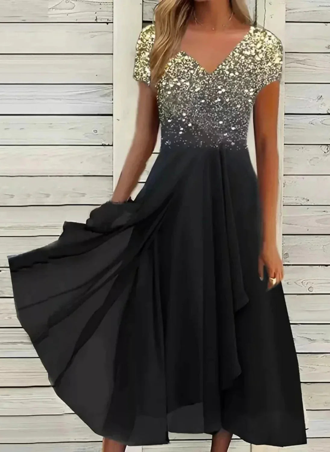 Women's Midi Evening Dress with V-Neck, Floral Print, and Flared Skirt - 4