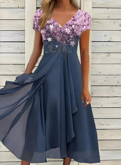 Women's Midi Evening Dress with V-Neck, Floral Print, and Flared Skirt - 5