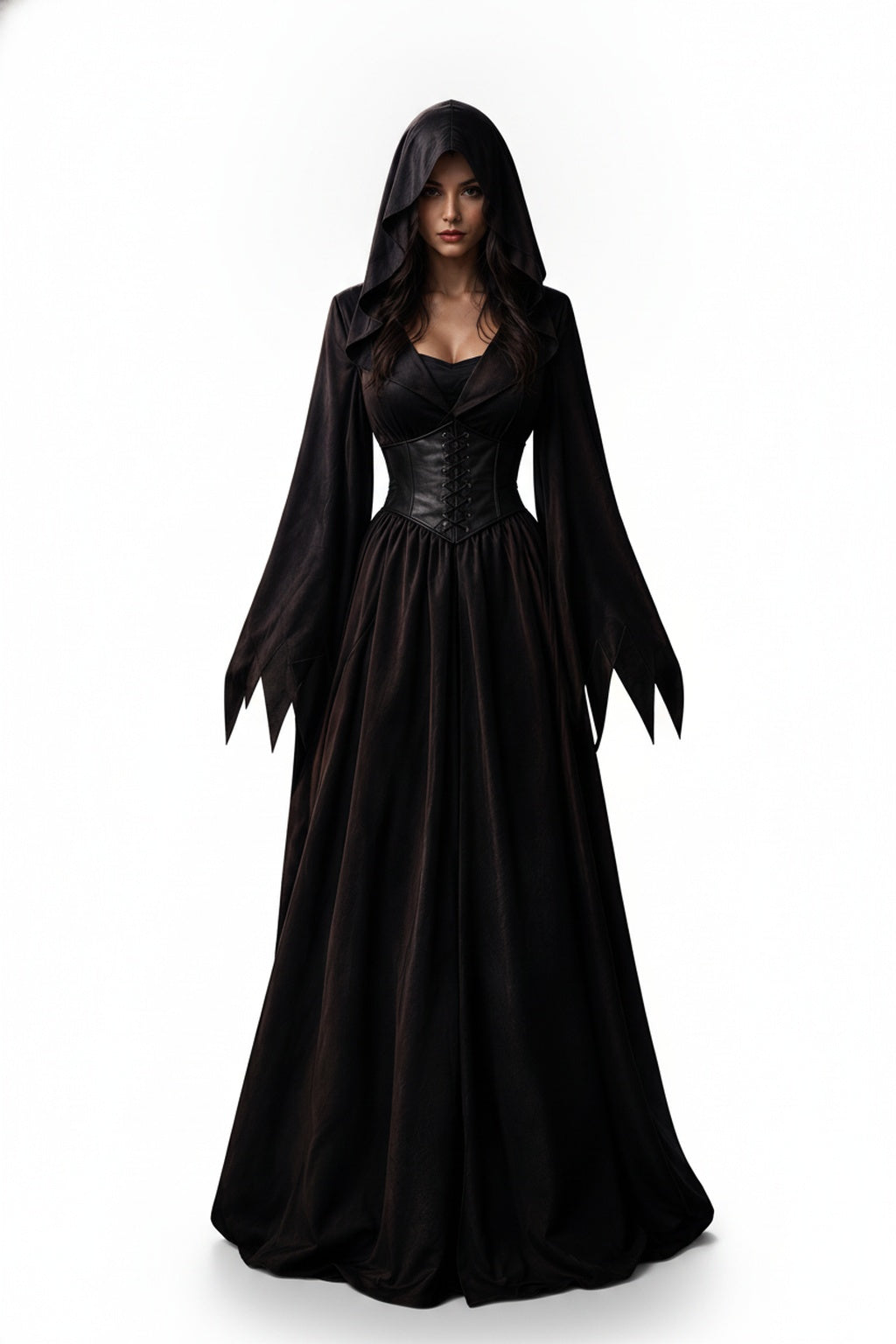 Femme Robe Gothique Longue à Capuche avec Corset Lacé et Manches Pointues