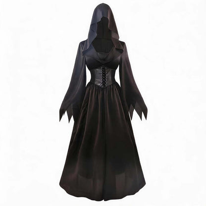 Femme Robe Gothique Longue à Capuche avec Corset Lacé et Manches Pointues