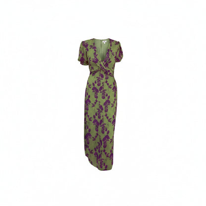 Women's Long Floral Print Dress with V-Neck and Puff Short Sleeves - 1
