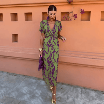 Women's Long Floral Print Dress with V-Neck and Puff Short Sleeves - 2