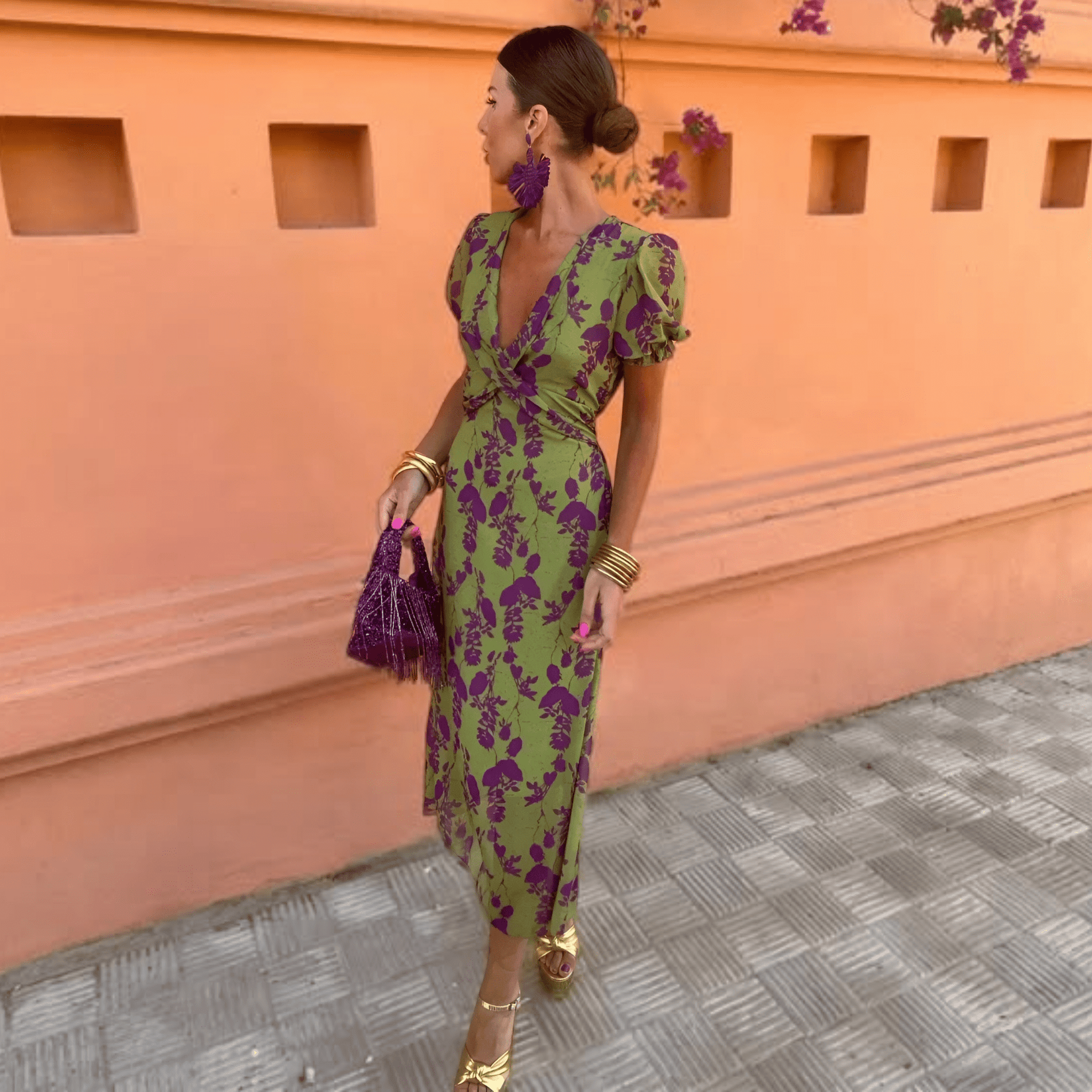 Femme Robe Longue à Imprimé Floral avec Col en V et Manches Courtes Bouffantes