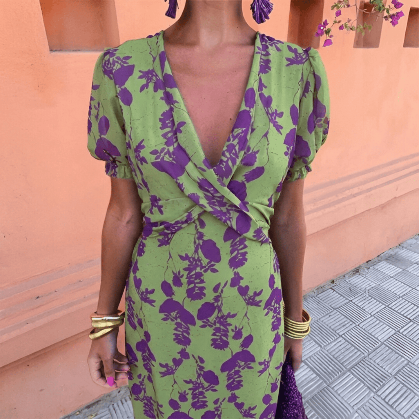 Femme Robe Longue à Imprimé Floral avec Col en V et Manches Courtes Bouffantes