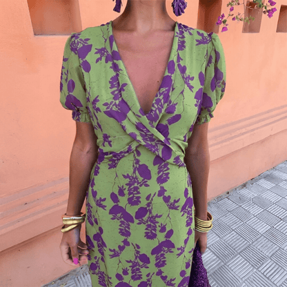 Women's Long Floral Print Dress with V-Neck and Puff Short Sleeves - 4