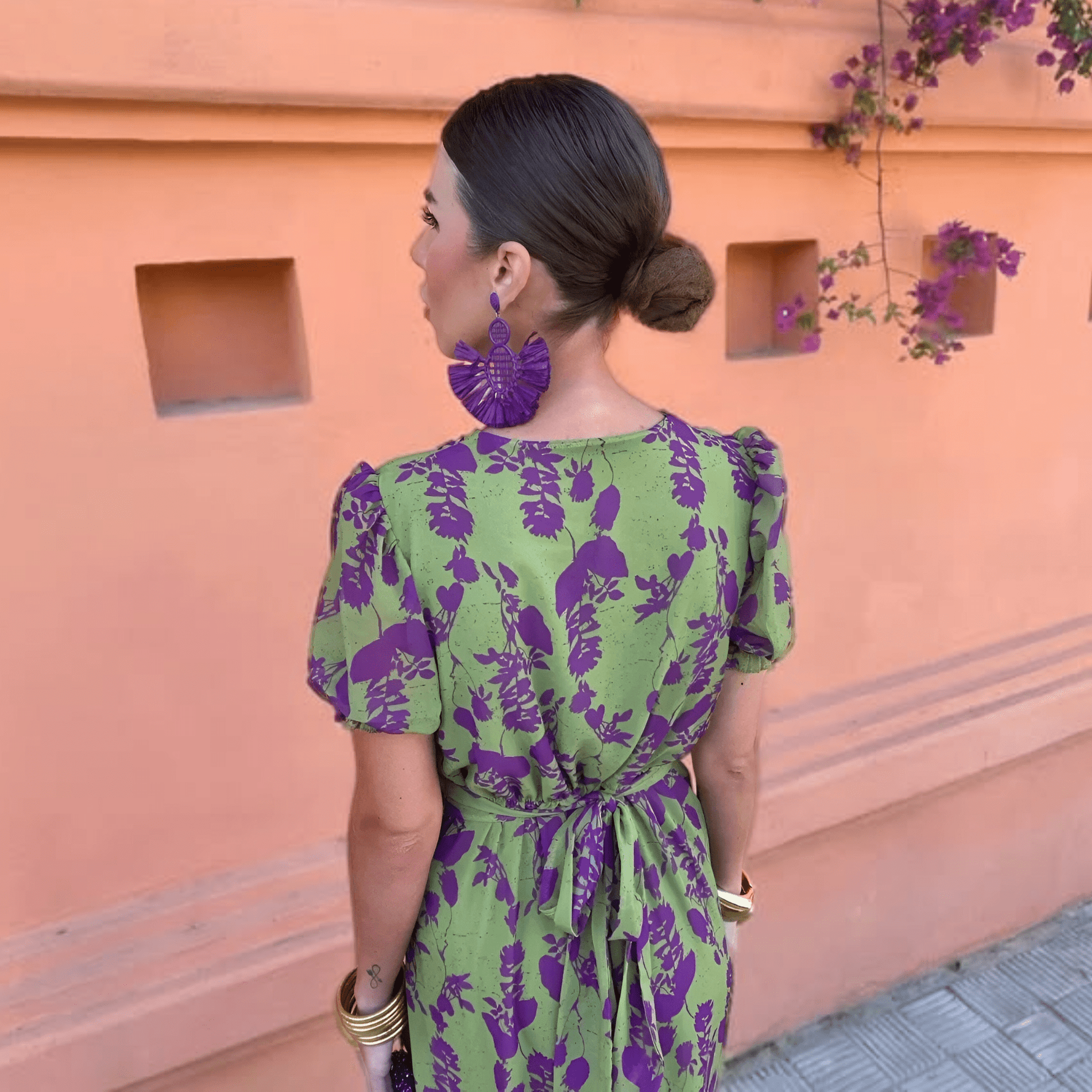 Femme Robe Longue à Imprimé Floral avec Col en V et Manches Courtes Bouffantes