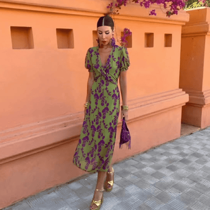 Women's Long Floral Print Dress with V-Neck and Puff Short Sleeves - 6
