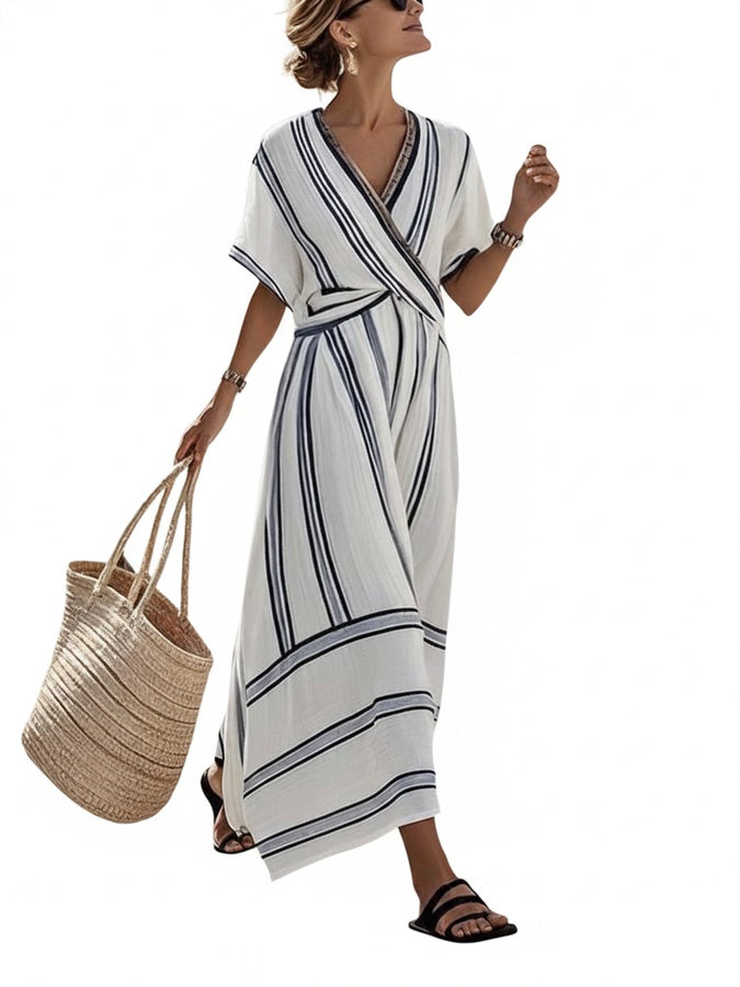 Femme Robe Longue à Manches Courtes avec Col en V et Ceinture Croisée à Rayures
