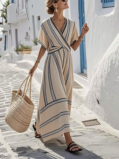 Women’s Long Dress with Short Sleeves, V-Neck and Striped Crossed Belt - 3