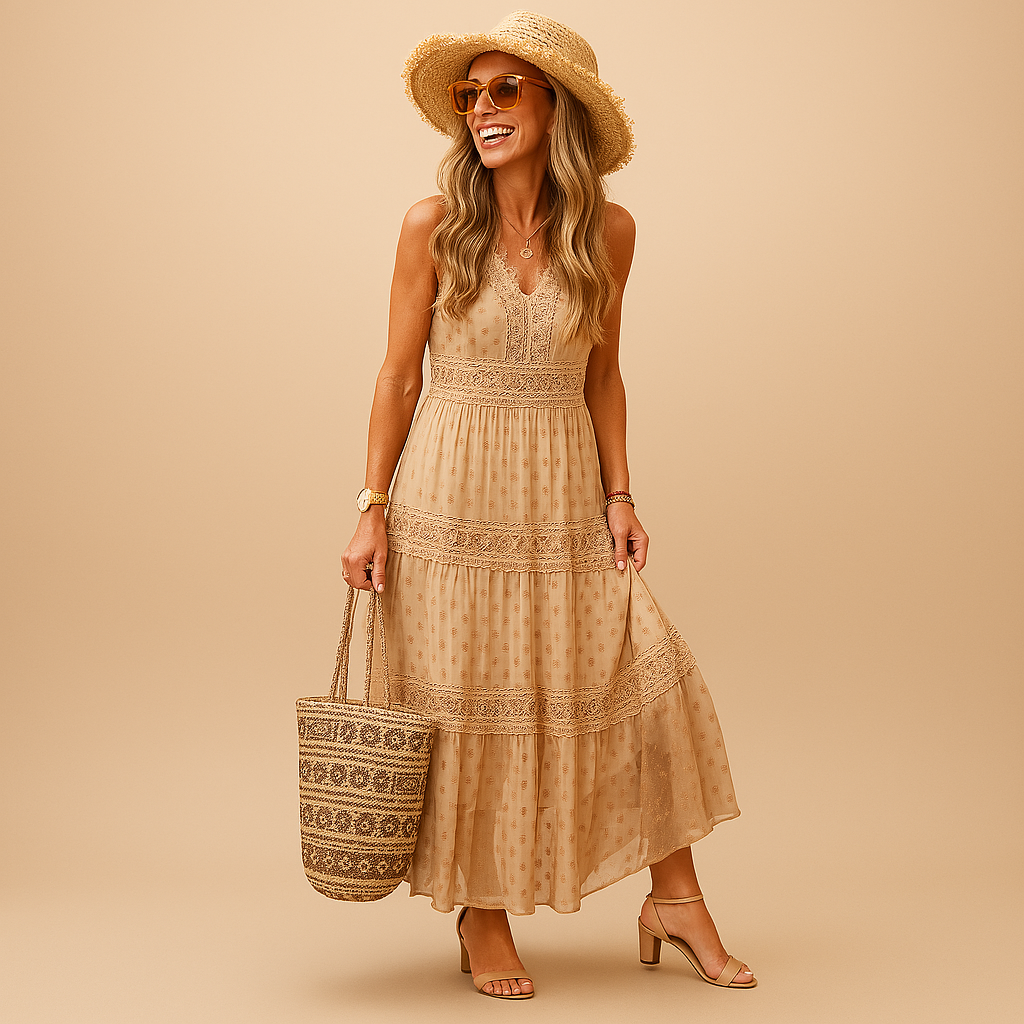 Femme Robe Longue Bohème sans Manches avec Col V et Jupe à Volants