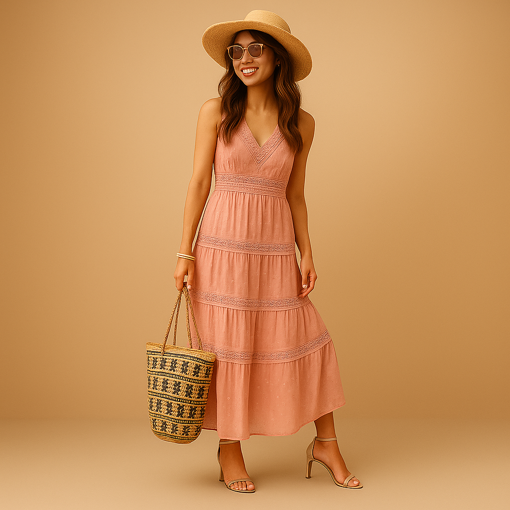 Femme Robe Longue Bohème sans Manches avec Col V et Jupe à Volants
