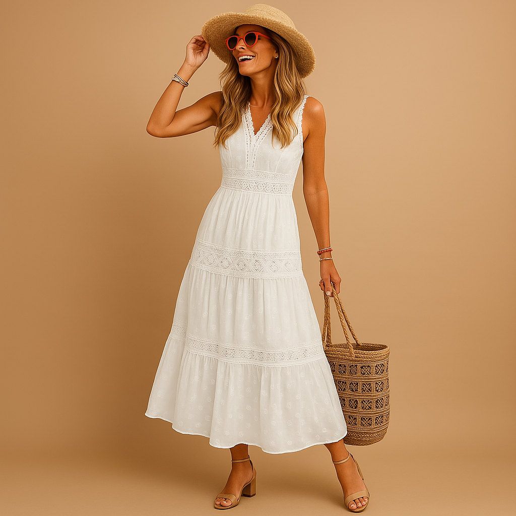 Femme Robe Longue Bohème sans Manches avec Col V et Jupe à Volants