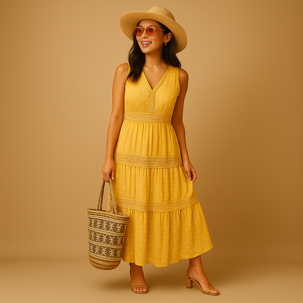 Femme Robe Longue Bohème sans Manches avec Col V et Jupe à Volants