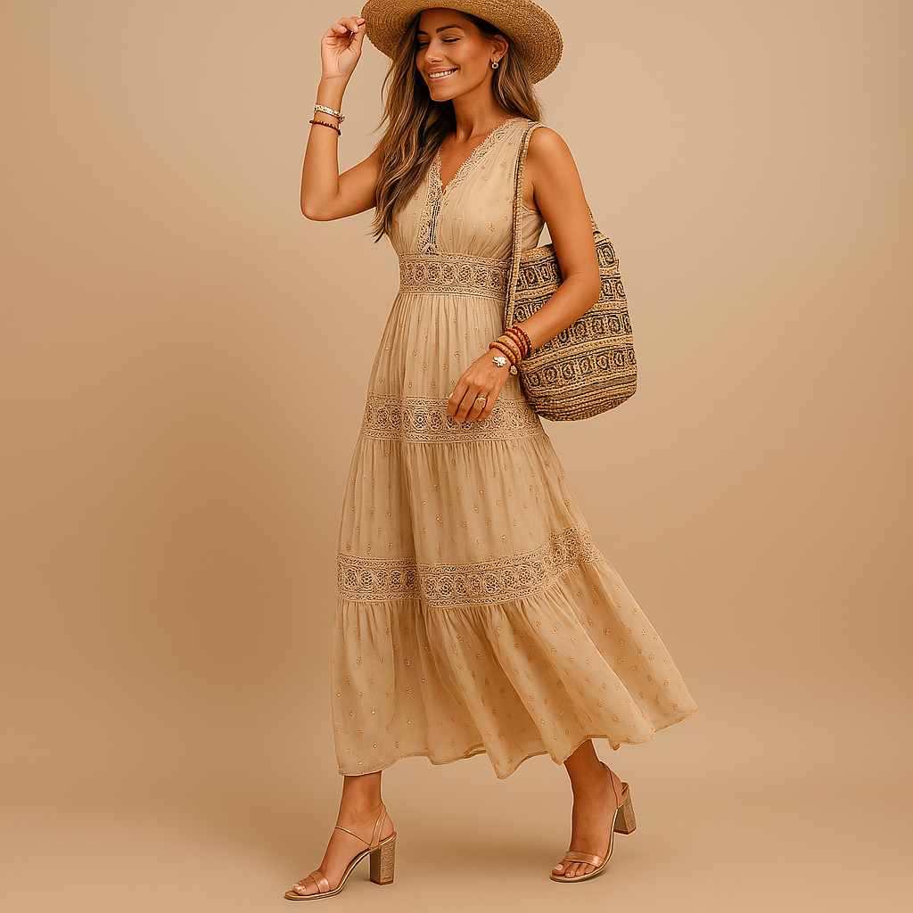 Femme Robe Longue Bohème sans Manches avec Col V et Jupe à Volants