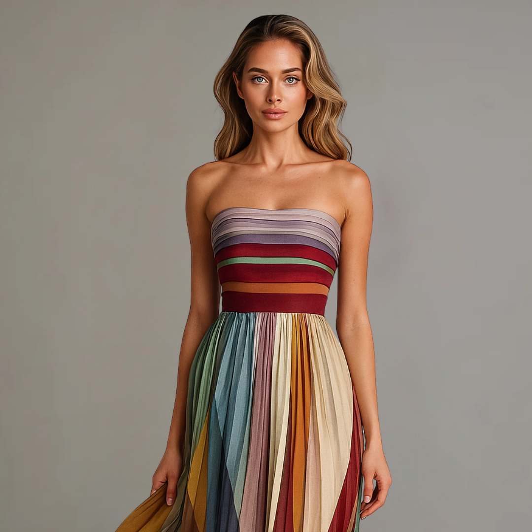 Women's Long Pleated Strapless Dress with Multicolored Stripes - 3