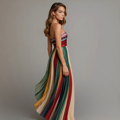 Women's Long Pleated Strapless Dress with Multicolored Stripes - 4