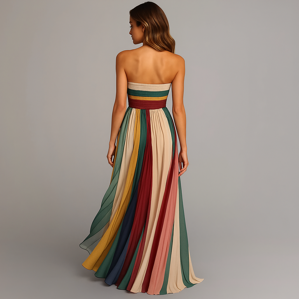 Femme Robe Longue Bustier Plissée à Rayures Multicolores