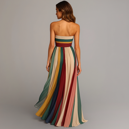 Women's Long Pleated Strapless Dress with Multicolored Stripes - 5