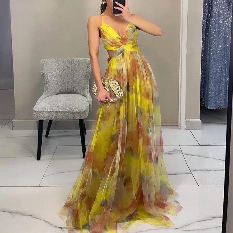Femme Robe Longue de Soirée à Bretelles avec Col en V et Imprimé Floral