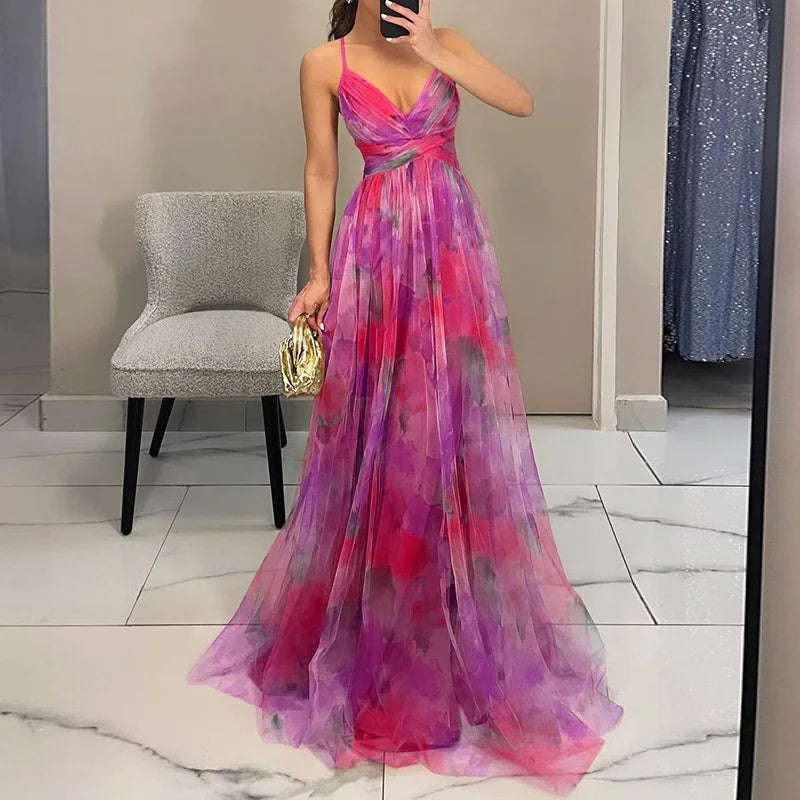 Femme Robe Longue de Soirée à Bretelles avec Col en V et Imprimé Floral