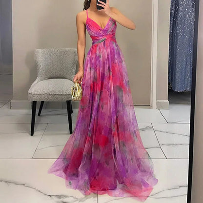 Women’s Long Evening Dress with Straps, V-Neck and Floral Print - 12