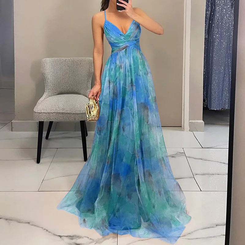 Femme Robe Longue de Soirée à Bretelles avec Col en V et Imprimé Floral