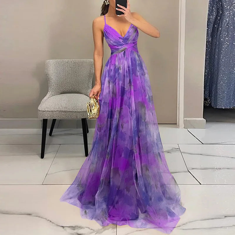 Femme Robe Longue de Soirée à Bretelles avec Col en V et Imprimé Floral