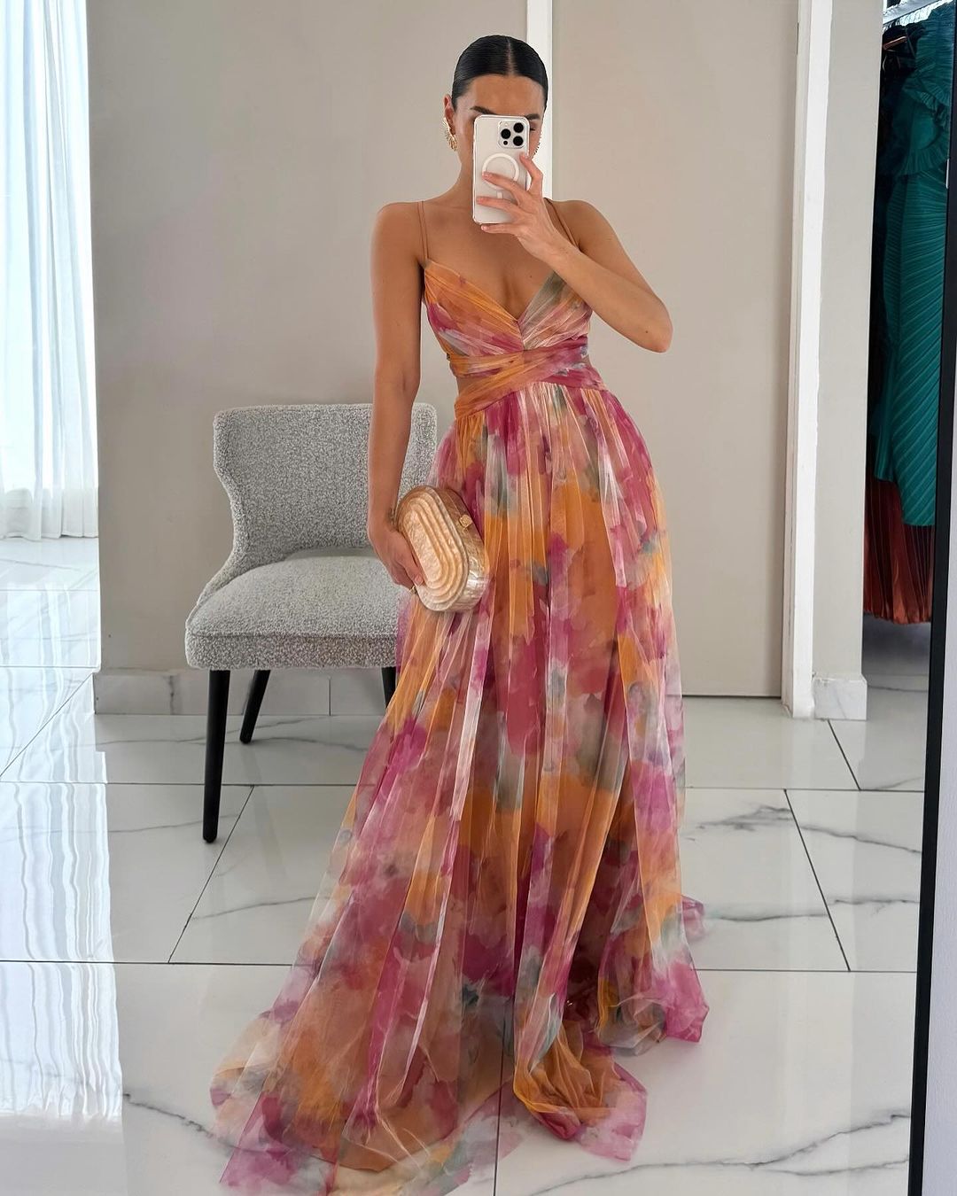 Femme Robe Longue de Soirée à Bretelles avec Col en V et Imprimé Floral