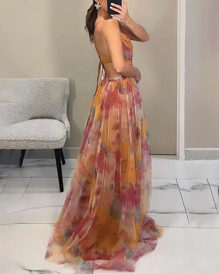 Femme Robe Longue de Soirée à Bretelles avec Col en V et Imprimé Floral